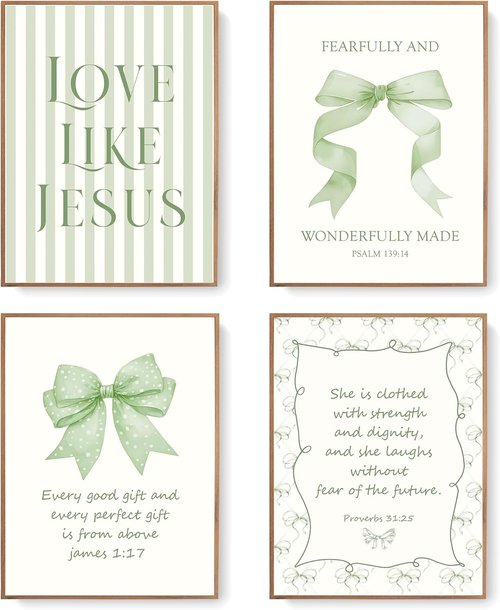 LARTSFRO Coquette Wall Art Decor | Sage Green Bow Posters for Bedroom & Bathroom | Set of 4 Unframed 12x16 Inch