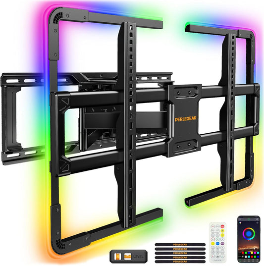 Perlegear AuraFrame™ Full Motion TV Wall Mount - LED Light & Music Sync for 42″–90″ TVs Up to 150 lbs | Max VESA 600 x 400mm