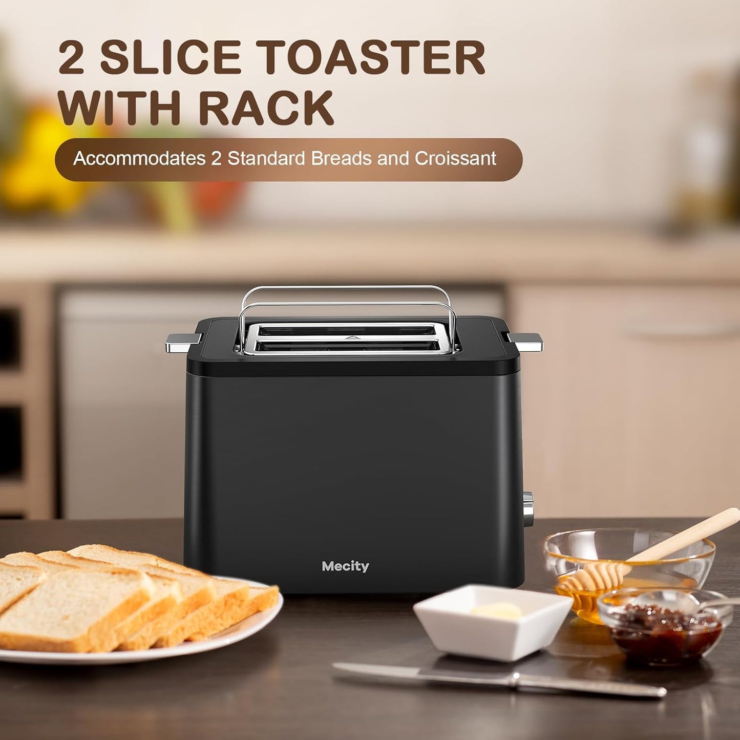 Mecity 2-Slice Stainless Steel Toaster - Extra Wide Slots, 6 Browning Settings, Timer & Warming Rack | Black
