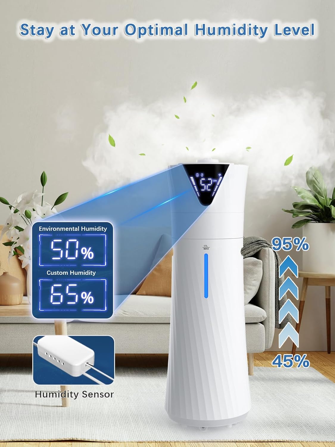 Skiennix 17L Ultrasonic Cool Mist Humidifier - Smart, Quiet Operation for Large Rooms | 2000ft² Coverage, 56H Runtime, 3 Mist Modes, White