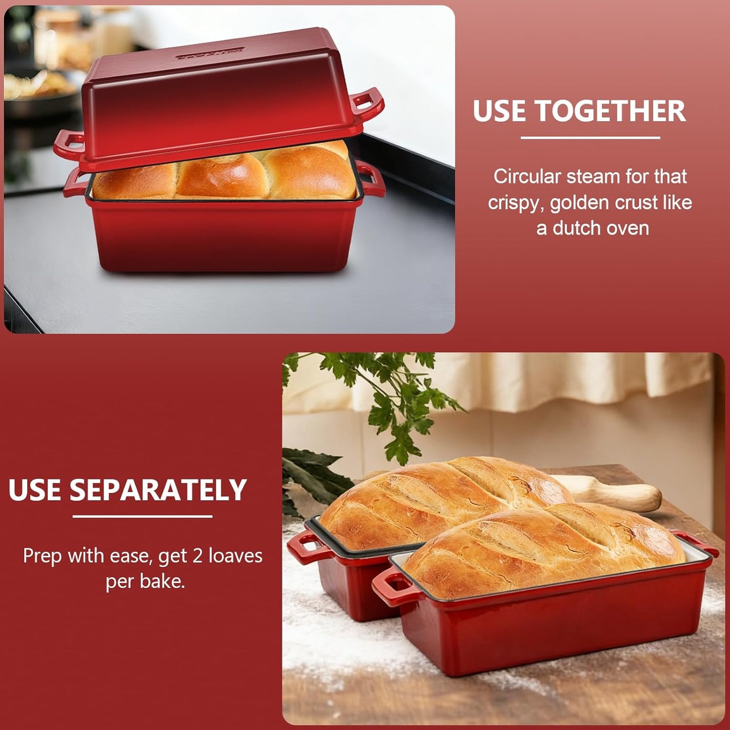Wildone Enameled Cast Iron Bread Loaf Pan - 9x5 Sourdough Baking Set with Lid, Even Heating, Red