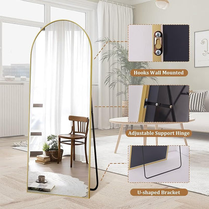 Arched Full-Length Floor Mirror with Gold Aluminum Frame — 59x16in, Free-Standing