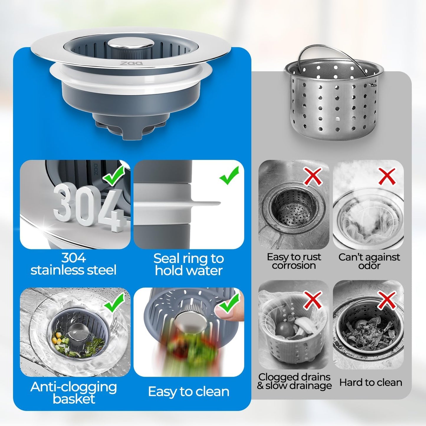 Skiennix Sink Drain Strainer - 3-in-1 Anti-Clogging Kitchen Stopper | Fits US Standard 3-1/2'' Sink Hole, Silver
