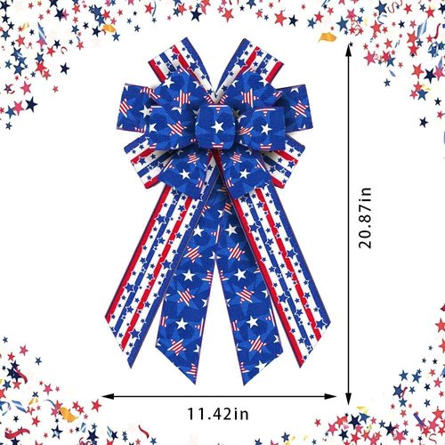 Hying Patriotic 4th of July Bows - Large Red, Blue & Stripe Burlap Wreath Decor | Memorial Day Tree Topper
