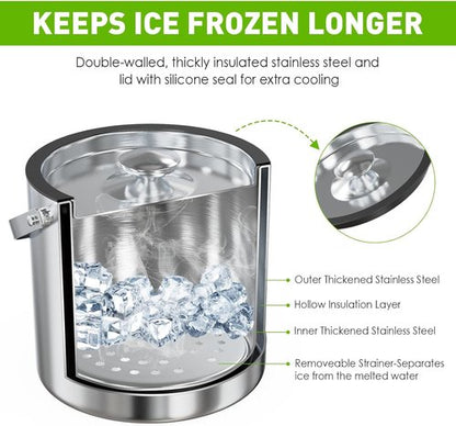3.2L/3.4QT Insulated Ice Bucket with Silicone Lid, Tongs & Strainer, Double Wall Stainless Steel Ice Bucket for Parties and Cocktail Bar, Upgraded Silicone Cover Keep Ice Frozen Longer