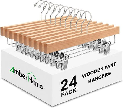 Amber Home 24-Pack Wooden Pants Hangers with Adjustable Clips - Ideal for Jeans, Slacks, and Shorts