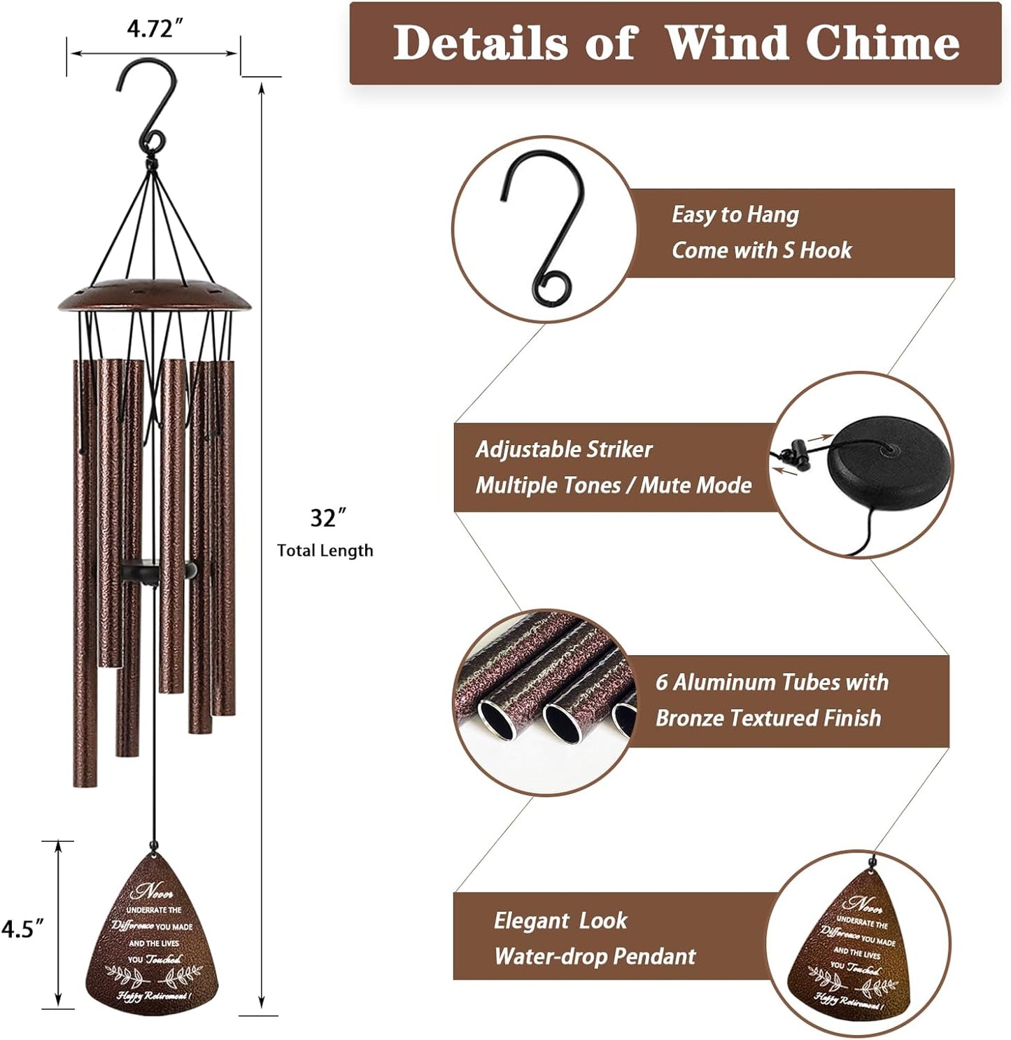 Retirement Gift for Woman Men, 32" Wind Chimes Retirement Gifts, Happy Retirement Gifts for Coworker Colleague Boss Teachers Nurses Friends, Going Away Gifts Retirement Decorations