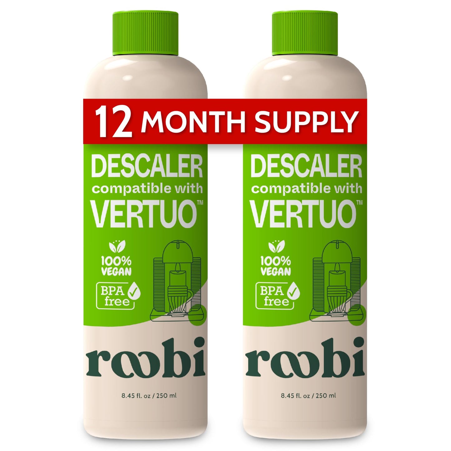 Nespresso Vertuo Compatible Descaling Solution. Eco-Friendly Formula to Clean & Descale Your Nespresso Vertuoline Machine. 2 Uses per Bottle, 2 Pack. Carbon Neutral Vertuo Descaling Kit.