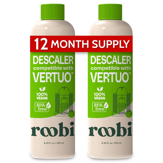 Nespresso Vertuo Compatible Descaling Solution. Eco-Friendly Formula to Clean & Descale Your Nespresso Vertuoline Machine. 2 Uses per Bottle, 2 Pack. Carbon Neutral Vertuo Descaling Kit.