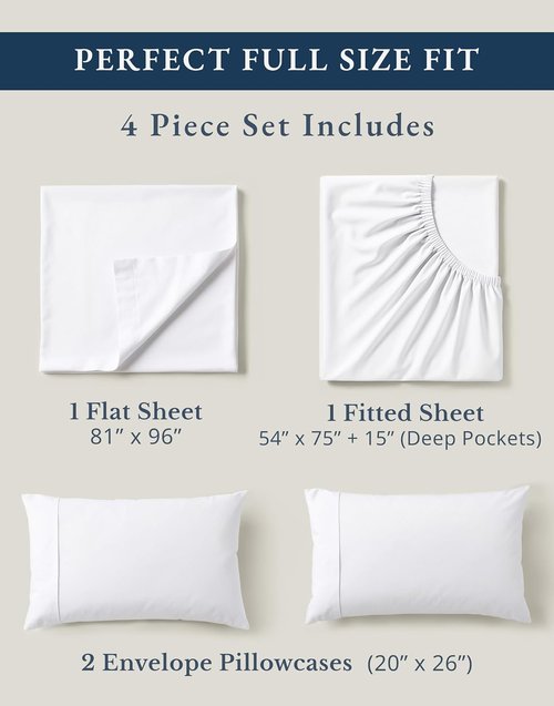 LANE LINEN 100% Organic Mercerized Cotton Full Bed Sheet Set - Soft, Comfy, Fade Resistant, Oeko-Tex Certified, 15" Deep Pocket - White