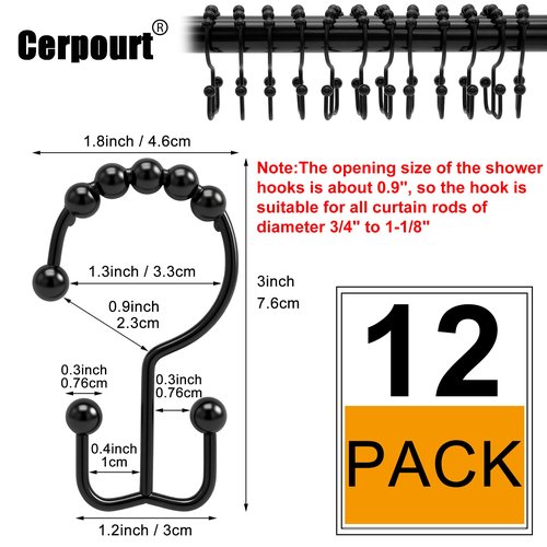 Shower Curtain Hooks, 12 Pcs Rustproof Metal Shower Curtain Rings,Free Sliding Double Shower Hooks for Shower Curtain & Liners, Shower Curtain Hangers for Bathroom Shower Curtain Rods Curtains (Black)