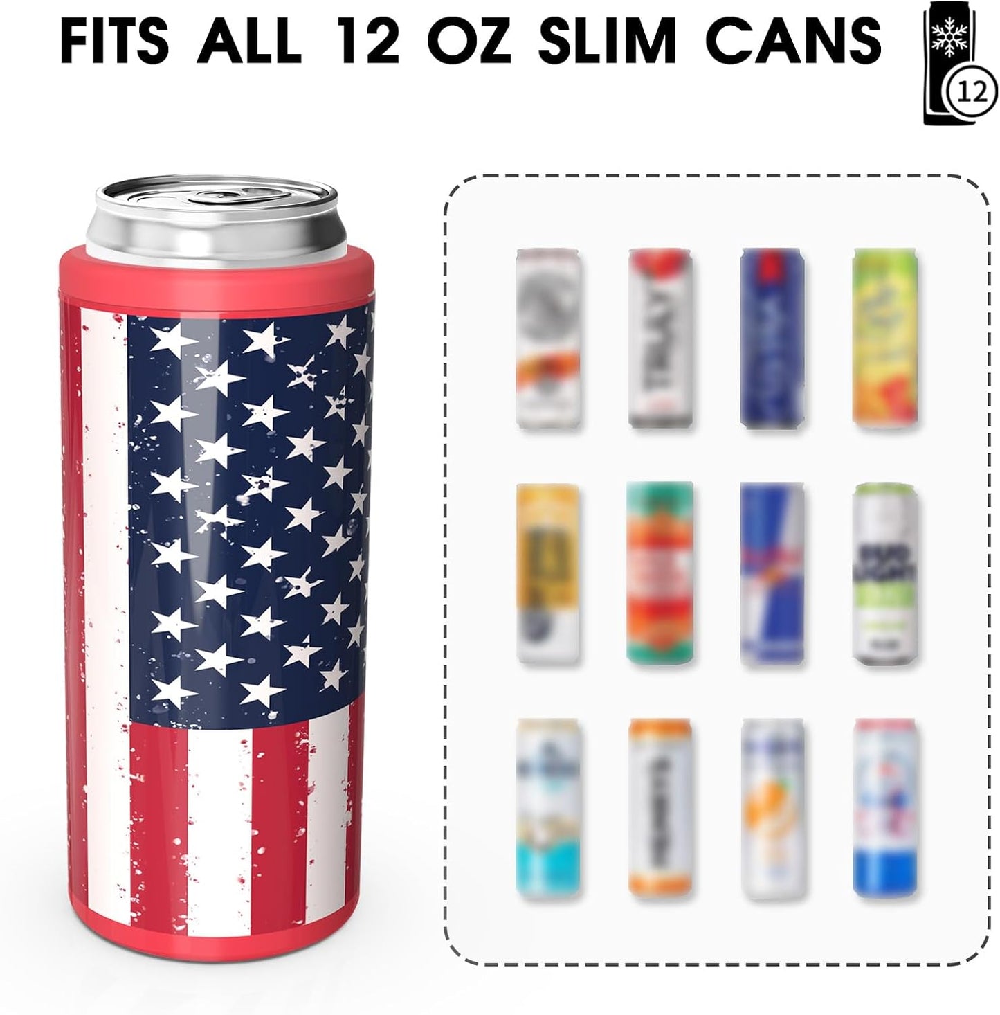 TILUCK Slim Can Cooler - Insulated Stainless Steel for Beer & Hard Seltzer | 12 oz U.S. Flag Design