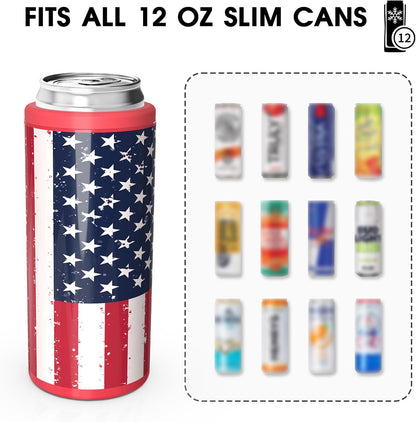 TILUCK Slim Can Cooler - Insulated Stainless Steel for Beer & Hard Seltzer | 12 oz U.S. Flag Design