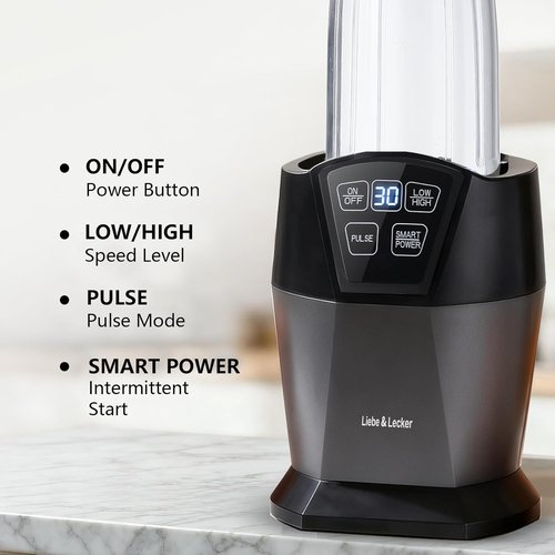 Liebe&Lecker Smoothie Blender - 1200 Peak Watts Personal Blender with 2 To-Go Cups & Solid Lid | Ice Crushing & Frozen Fruit