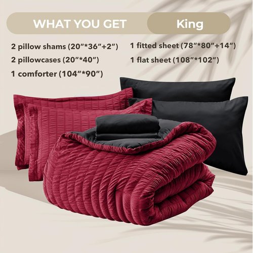 HYMOKEGE King Size Comforter Set - Red & Black Seersucker 7-Piece Luxury Bedding Set for All Seasons