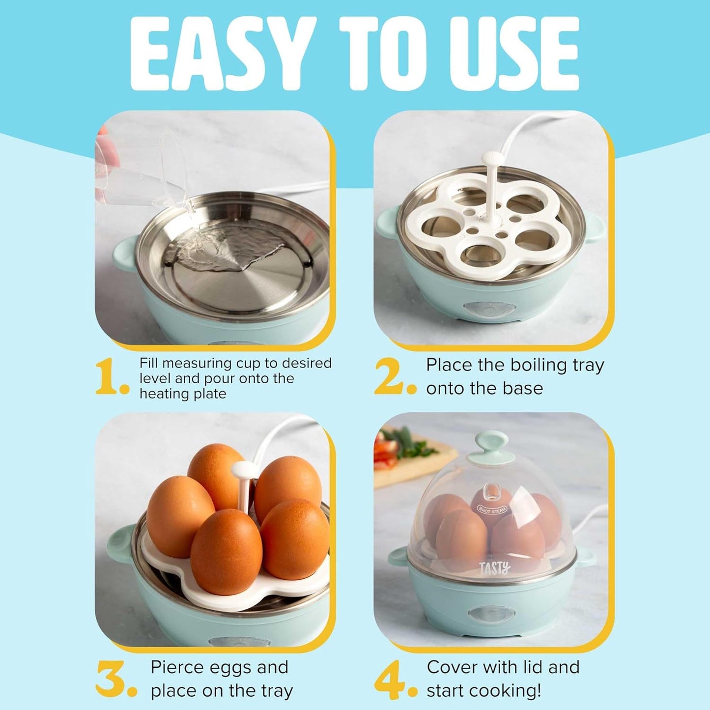 Tasty Mini Egg Cooker - 5-Egg Capacity for Perfect Hard Boiled Eggs & Omelets | Auto Shut Off, Aqua
