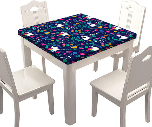 Square Spring Floral Fitted Tablecloths, Flowers Bunny Elastic Edge Home Decor Table Cover Washable Polyester Tablecloth for for Family Living Room Kitchen Patio Use, Fits 36" x 36" Square Table