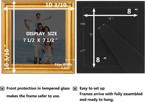 LaVie Home 8x8 Picture Frame - Gold Square Frame Set with High Definition Glass for Wall & Table Display
