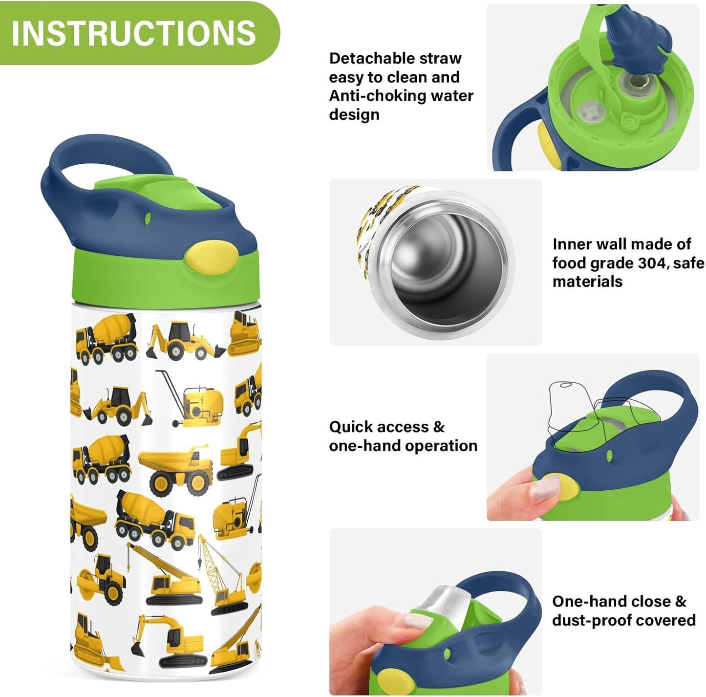 Skiennix Stainless Steel Water Bottle | 12 Oz Vacuum Insulated for Kids - Construction Truck Design
