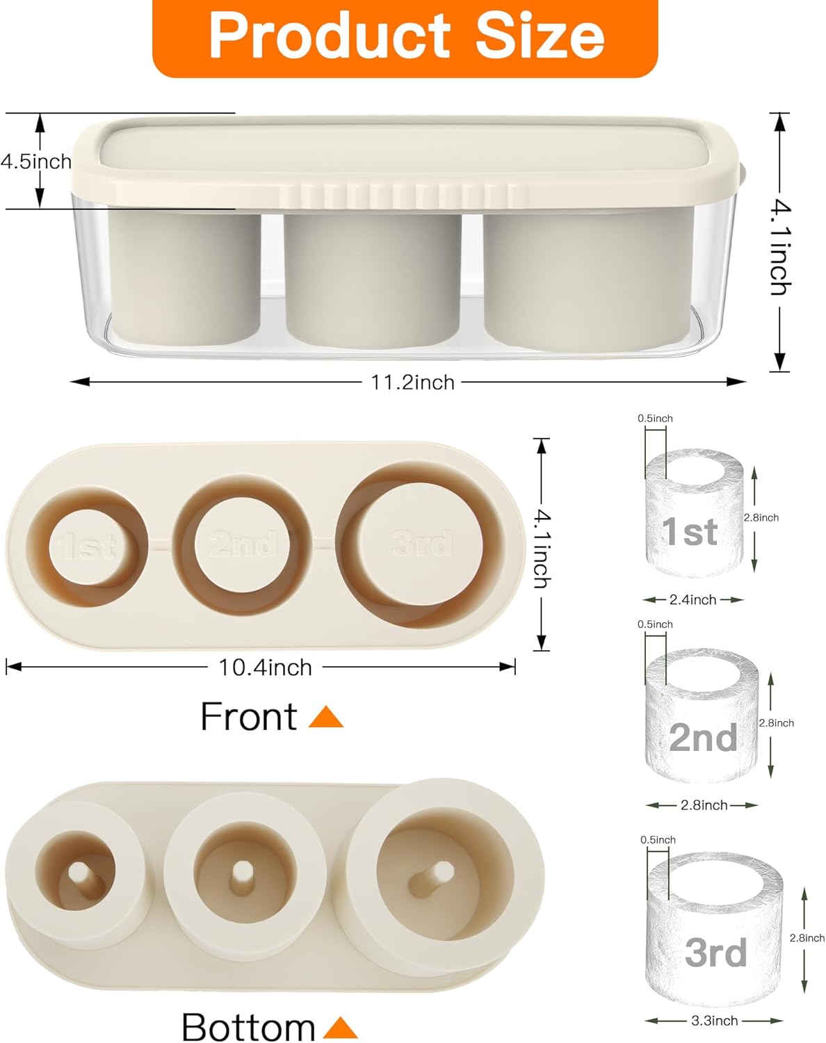 Skiennix Silicone Ice Cube Tray - Easy Fill & Release Cylinder Molds for 30Oz-40Oz Tumblers | BPA-Free White