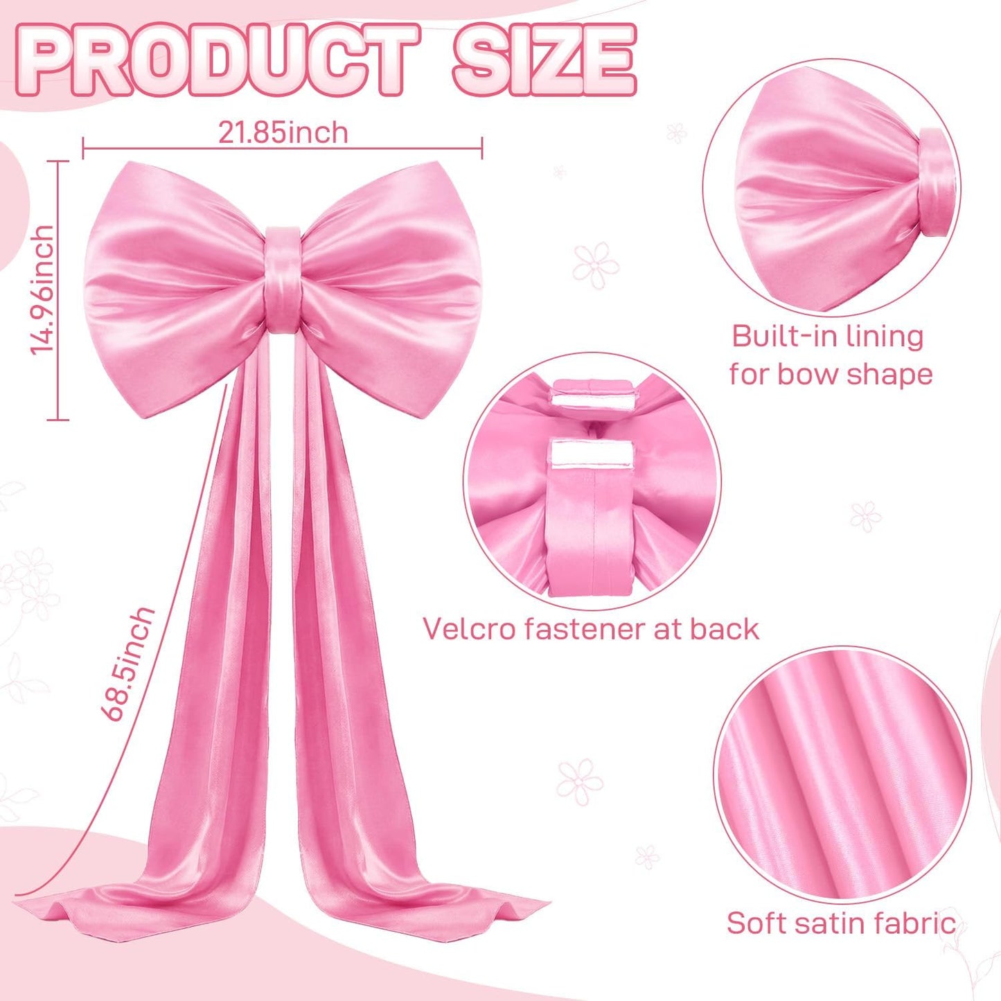 Skiennix Large Pink Bow - 70 x 22 Inch Satin Ribbon Tie for Coquette Birthday & Wedding Decor