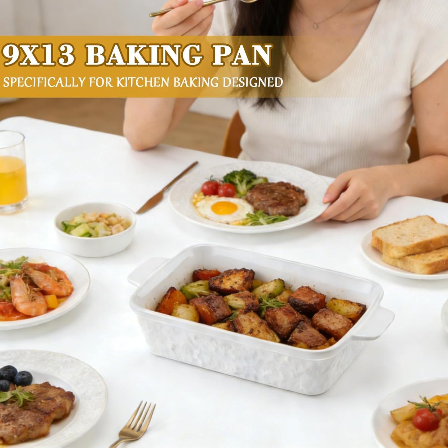 Regine Switzerland 9x13 Baking Pan - Durable Ceramic Casserole Dish with Handles | Oven Safe, 4.4QT, Soft White