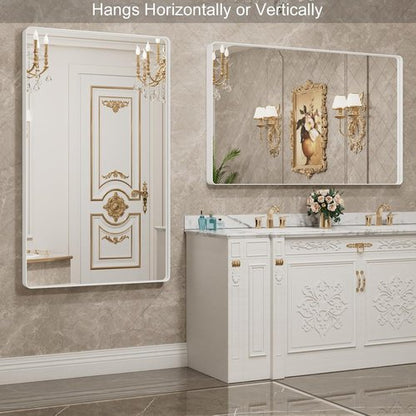 LOAAO White Metal Framed Bathroom Mirror - Large Rounded Rectangle, Anti-Rust, 50x30 Inch, Versatile Hanging Options