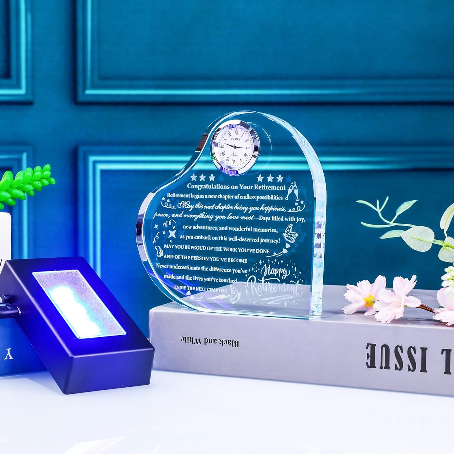 YWHL Retirement Gifts for Men Women 2025 Happy Retirement Gifts with LED Base Crystal Heart Farewell Retired Plaque Keepsakes Gift for Retiree Teacher Police Firefighter Nurse Coworker Doctor Friends