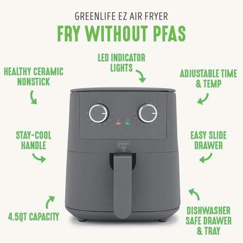 GreenLife 4.5QT Air Fryer - PFAS-Free Ceramic Nonstick, Adjustable Temp & Timer, Compact Graphite Design