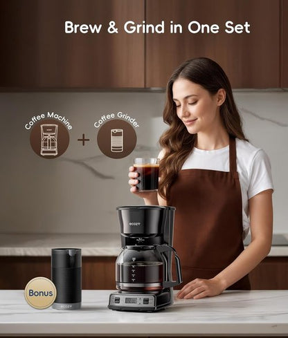 Brezzano DuoSet 12-Cup Drip Coffee Maker - Programmable with Electric Grinder & Washable Filter