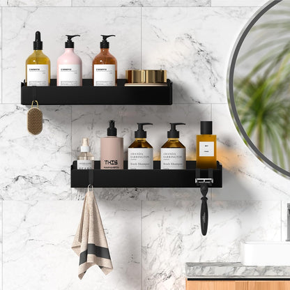 Wisfame Shower Caddy - Rustproof Adhesive Bathroom Shelves with 8 Hooks | Large Capacity, Black