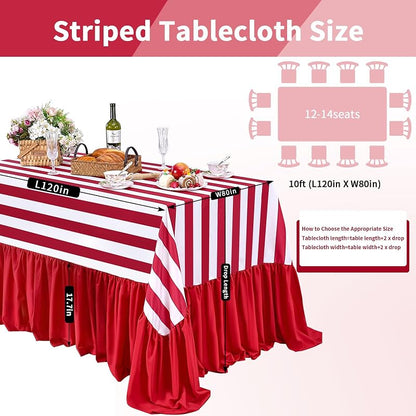 Red & White Striped Ruffle Tablecloth 80x120 In Waterproof Polyester - Birthday Wedding Dinner
