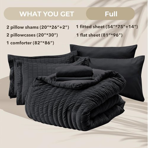 HYMOKEGE Comforter Set - Luxurious Black Seersucker 7-Piece Bedding Set for All Seasons | Includes Sheets & Pillowcases