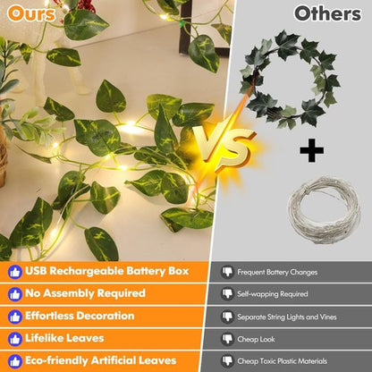 Lakumu Fairy Lights - 33ft 100 LED Rechargeable Pothos String Lights with Timer | Warm White for Bedroom, Garden, Party Decor
