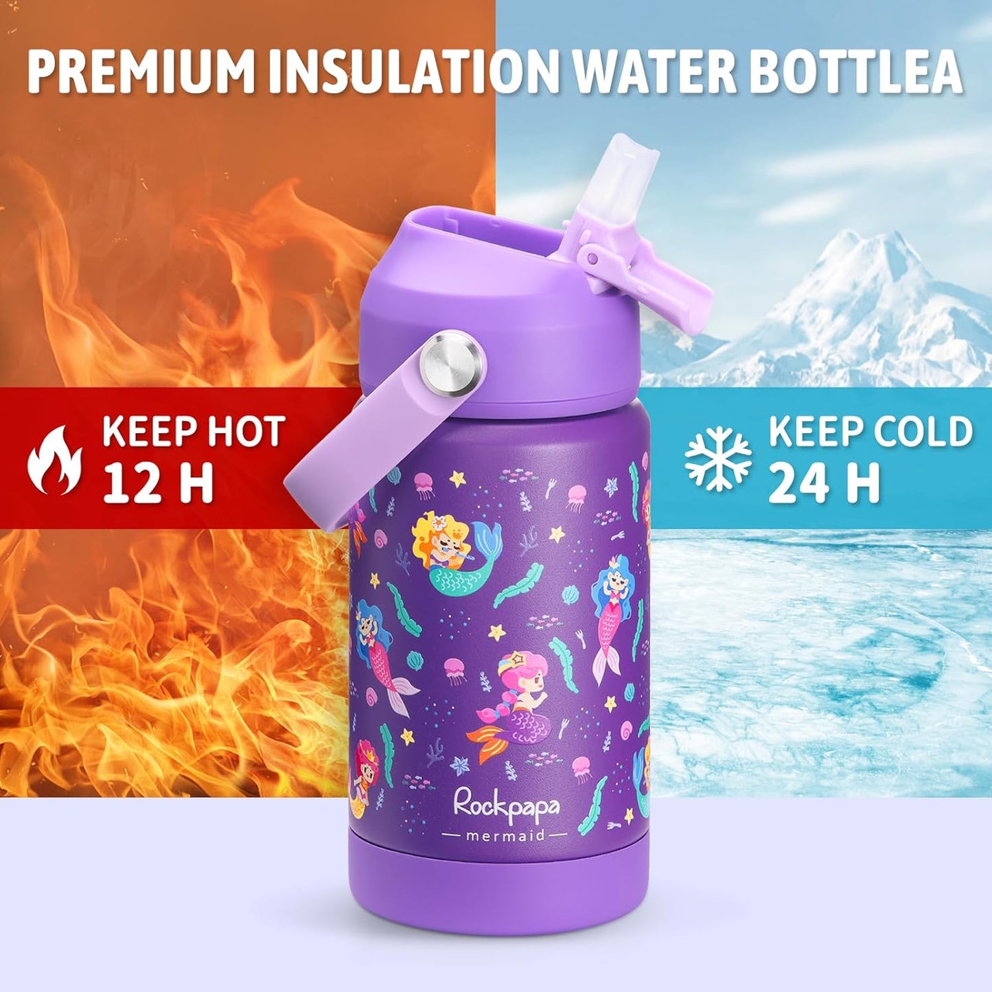 Rockpapa 14 oz Kids Insulated Water Bottle - BPA Free, Leak-Proof Design | Purple Mermaid