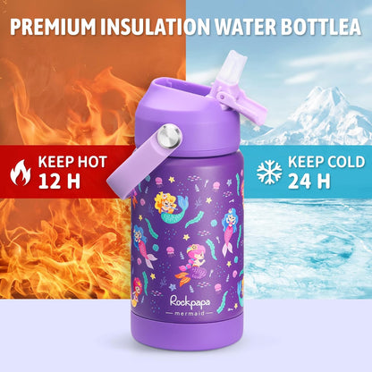 Rockpapa 14 oz Kids Insulated Water Bottle - BPA Free, Leak-Proof Design | Purple Mermaid