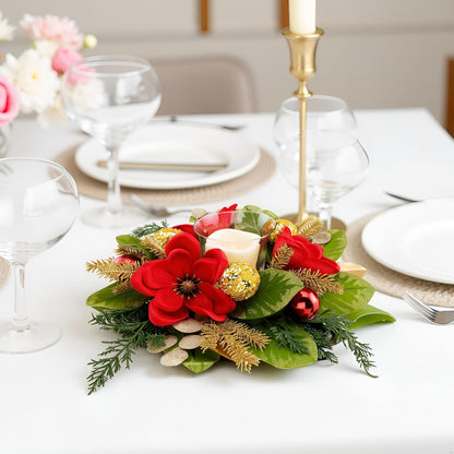Regine Switzerland 18" Centerpiece - Flameless LED Candle Holder with Red Magnolia & Gold Baubles