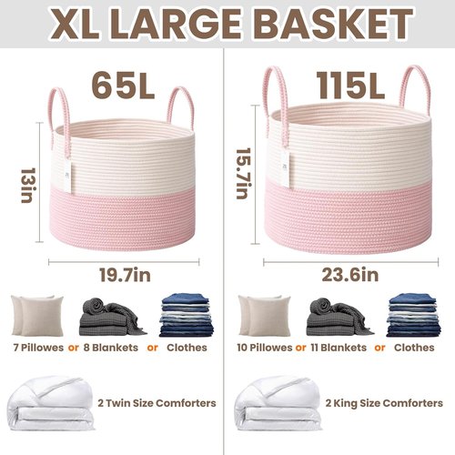 JMvicyroam Extra Large Blanket Basket - Woven Cotton Rope Laundry Hamper with Reinforced Handles | White & Pink, Machine Washable
