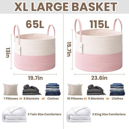 JMvicyroam Extra Large Blanket Basket - Woven Cotton Rope Laundry Hamper with Reinforced Handles | White & Pink, Machine Washable