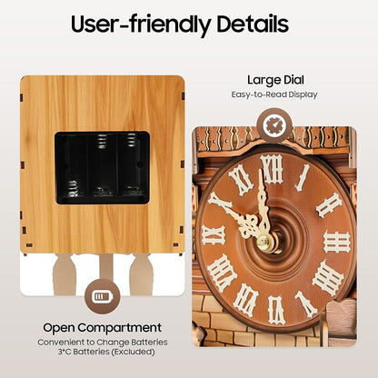 Wall Mounted Cuckoo Clock with Pendulum, Battery-Operated, Adjustable Volume