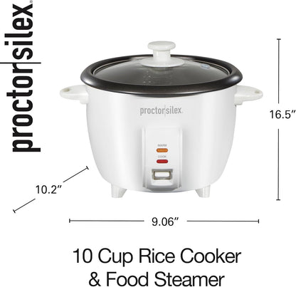Proctor Silex Rice Cooker & Food Steamer - 10 Cups Cooked Capacity, Includes Steam Basket, White