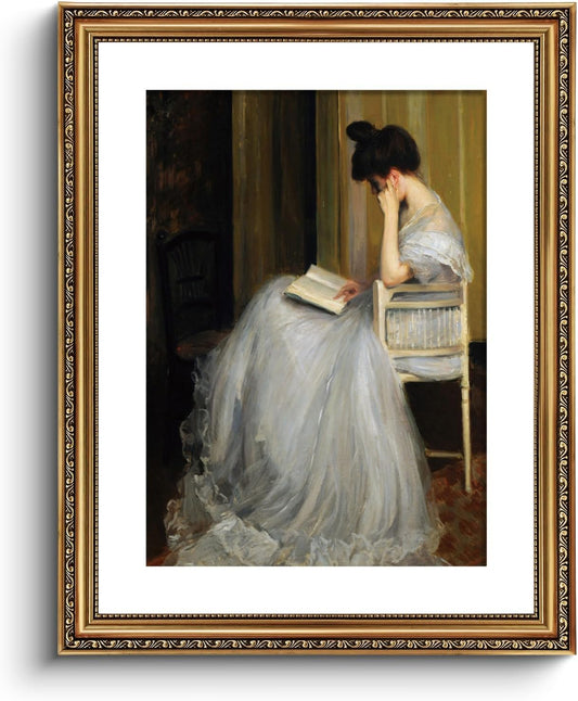 VIYYIEA Gold Framed Canvas Wall Art - Vintage Women Reading Portrait for Living Room & Bedroom | 16x20in