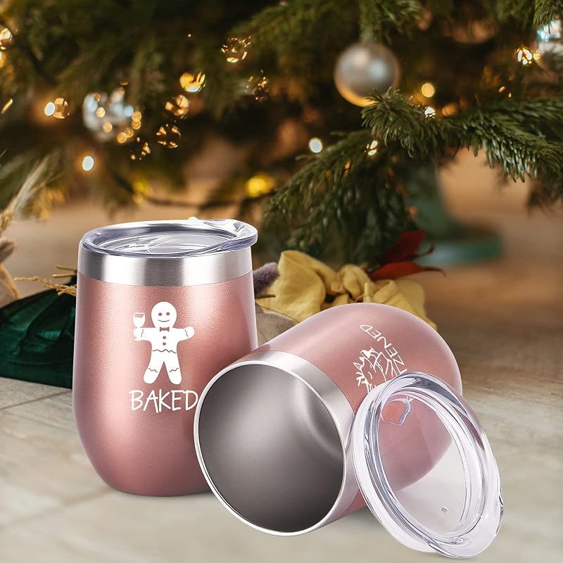 Qtencas 12 Oz Stainless Steel Christmas Wine Tumbler Set with Spoon - 4 Pack, Rose Gold
