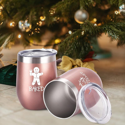 Qtencas 12 Oz Stainless Steel Christmas Wine Tumbler Set with Spoon - 4 Pack, Rose Gold