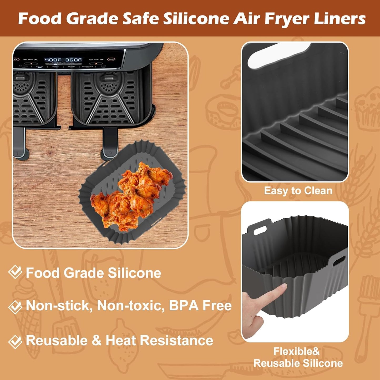 Skiennix Non-Stick Silicone Air Fryer Liners - Perfect Fit for Ninja DZ201/DZ401/DZ550 & COSORI 8-10 QT | 2 Pack