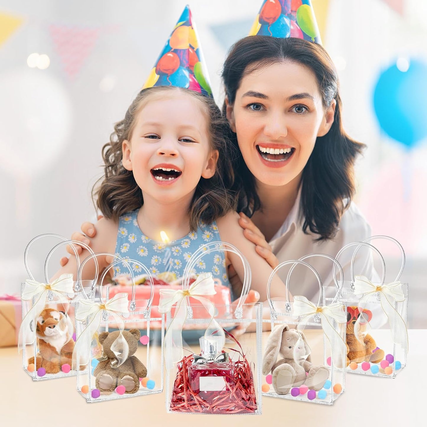 Ohuimrt 50 PCS Clear Plastic Gift Bags with Handles, 5.9 x 4.92 x 2.75 Inches Reusable Party Favor Bags with Ribbon Transparent Gift Wrap Bags Bulk for Weddings Birthdays