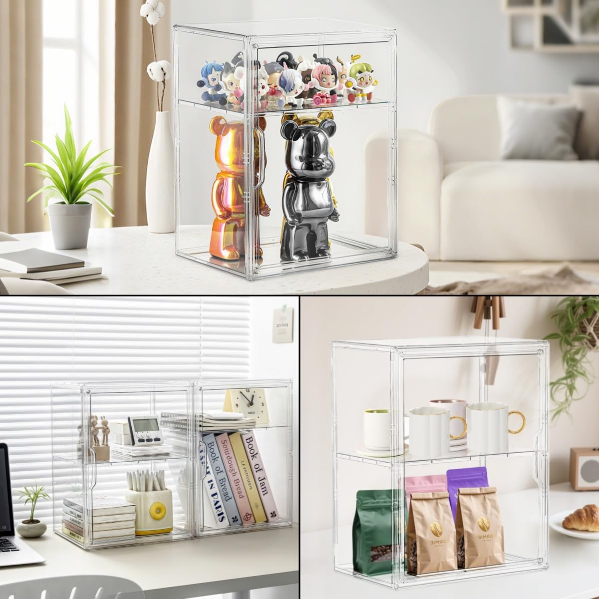 Skiennix Acrylic Display Case - Clear Storage Bin with 3 Adjustable Layers & Magnetic Door | Large 2-Pack