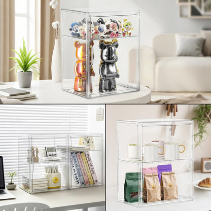 Skiennix Acrylic Display Case - Clear Storage Bin with 3 Adjustable Layers & Magnetic Door | Large 2-Pack