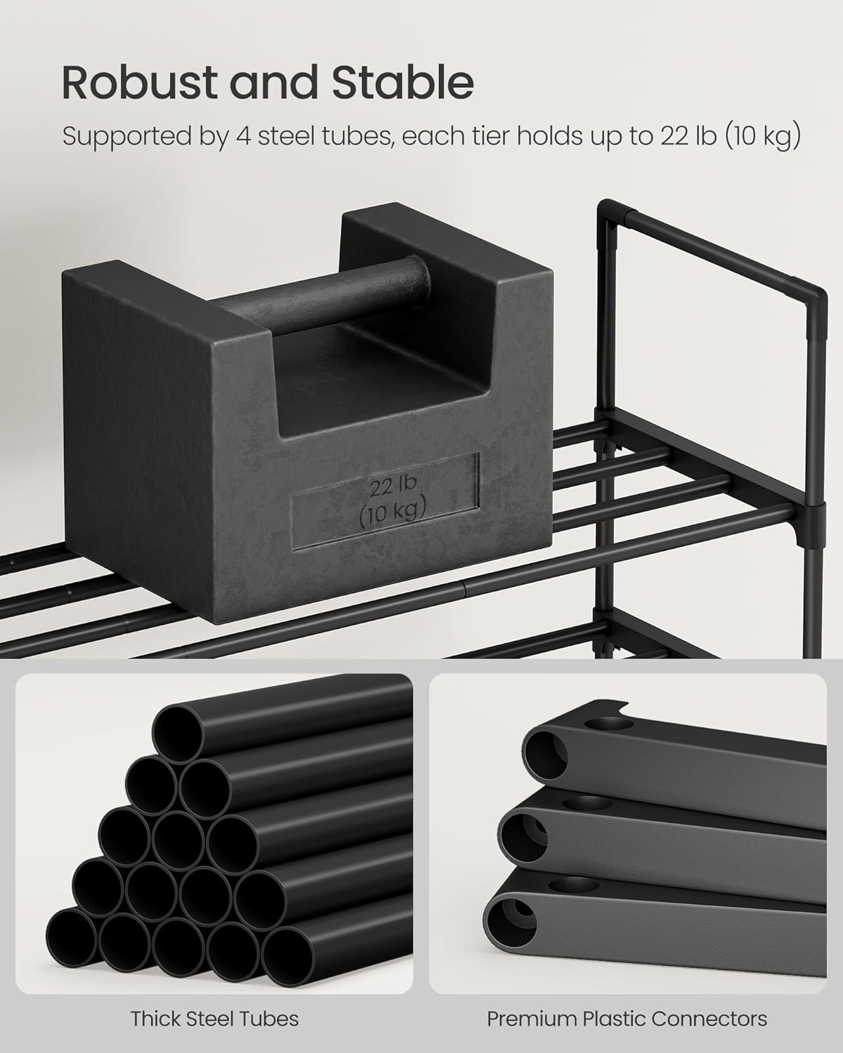 SONGMICS 10-Tier Shoe Rack - Versatile Metal Organizer for 11-22 Pairs | Black, 11.8 x 17.7 x 68.5 Inches