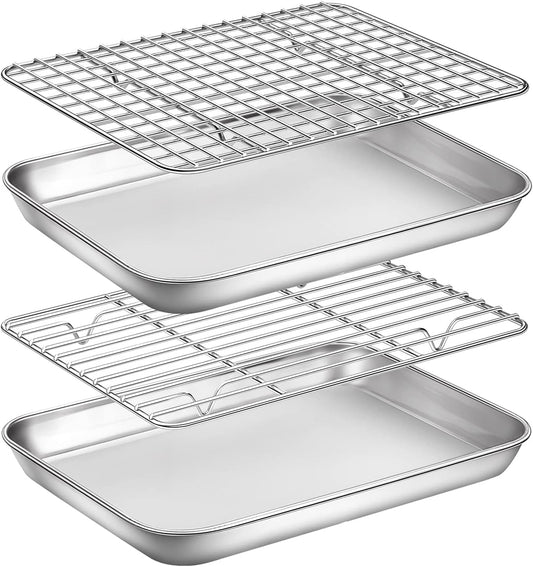 Yododo Baking Sheet Set - 4-Piece Stainless Steel Cookie Sheet with Cooling Racks | 9-Inch Heavy Duty & Easy Clean